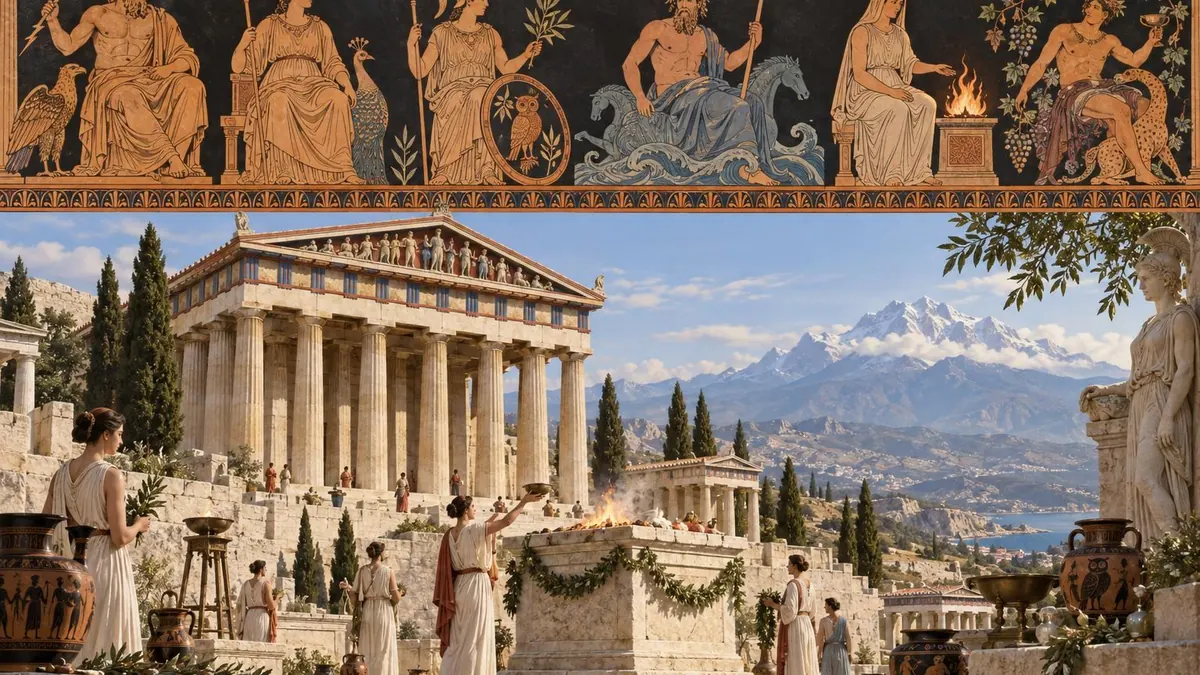 Griechisches Heiligtum mit symbolischen Darstellungen von Zeus, Hera, Athena, Poseidon, Hestia und Dionysos