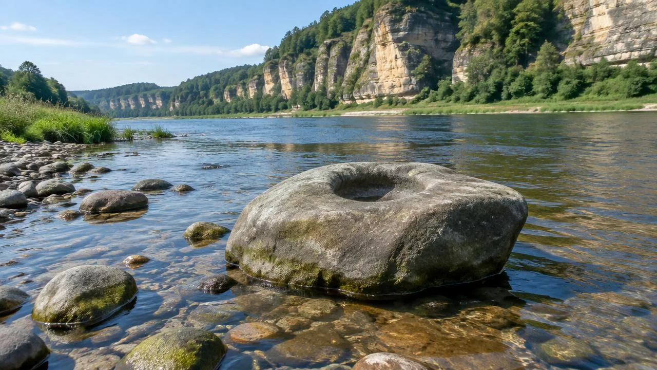 Teilweise freiliegender Hungerstein im flachen Wasser der Elbe mit sichtbaren Gravuren auf der Gesteinsoberfläche