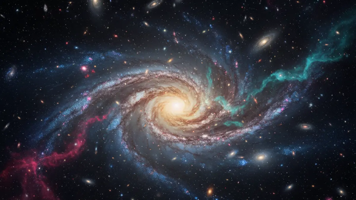 Blick in den tiefen Weltraum auf eine ferne, leuchtende Spiralgalaxie, die die unendlichen Entfernungen symbolisiert, die in Lichtjahren gemessen werden.