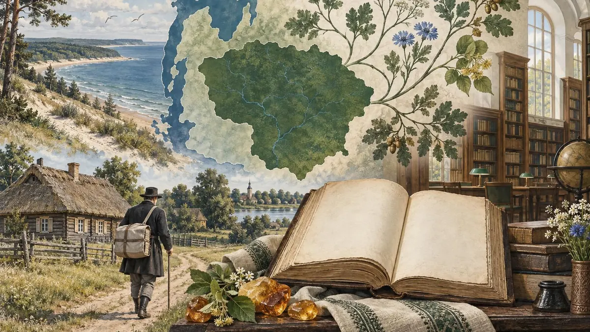 Illustration zur litauischen Sprache mit Litauenkarte, historischen Büchern und traditionellem Holzhaus