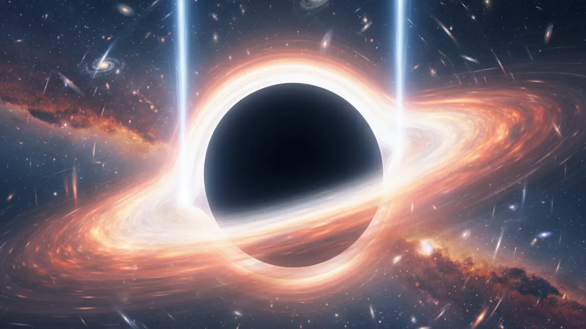 Wissenschaftliche Darstellung eines supermassereichen Schwarzen Lochs mit leuchtender Akkretionsscheibe, Jets und dem Effekt der Gravitationslinse auf Hintergrundsterne.