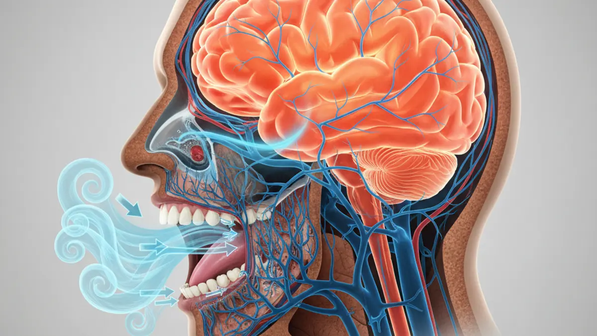 Wissenschaftliche Illustration, die den Mechanismus des Gähnens zeigt: Kühle Luft kühlt das Blut im Gesicht, das anschließend die Temperatur des Gehirns senkt.