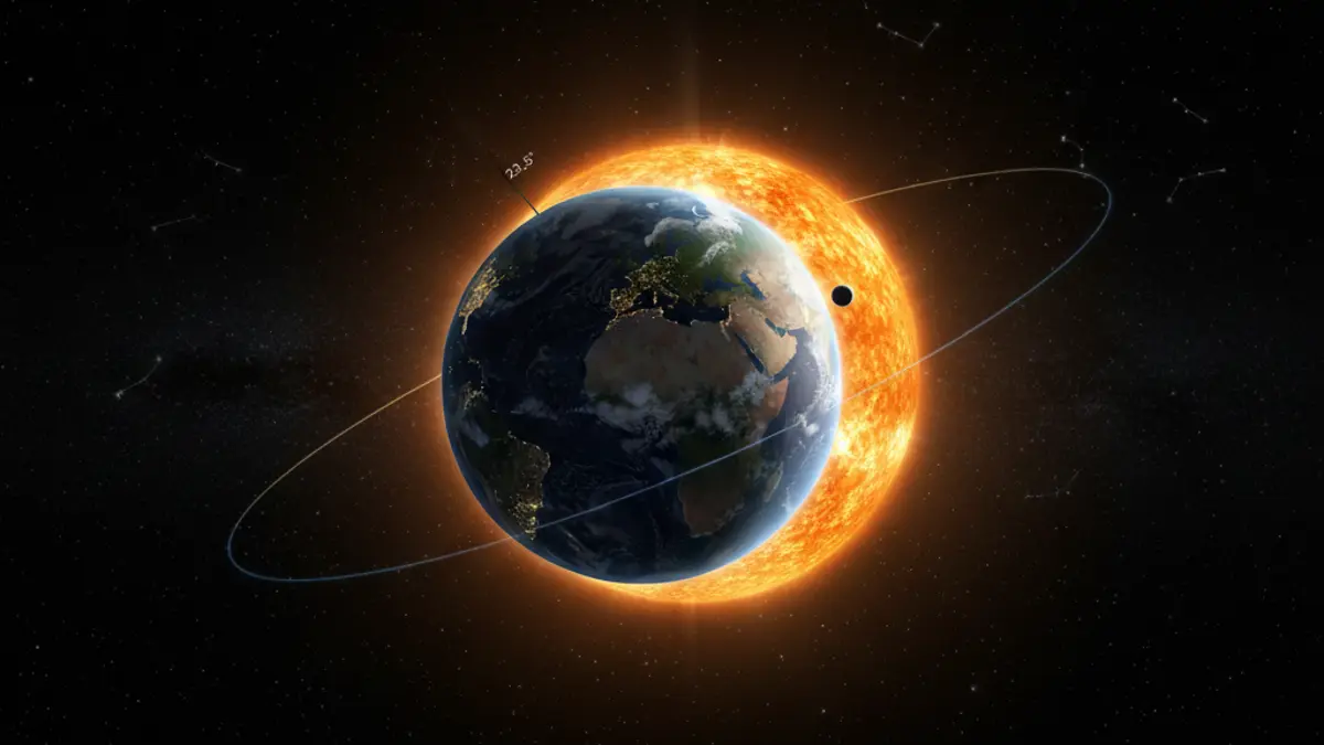 Illustration der Erde, die mit geneigter Erdachse die Sonne umkreist und so die Entstehung der Jahreszeiten erklärt.