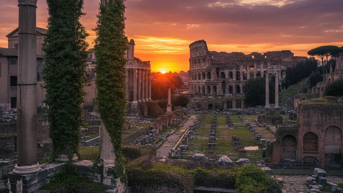 Das Forum Romanum in Rom in einem verfallenen Zustand bei Sonnenuntergang, als Symbol für den Untergang des Römischen Reiches.