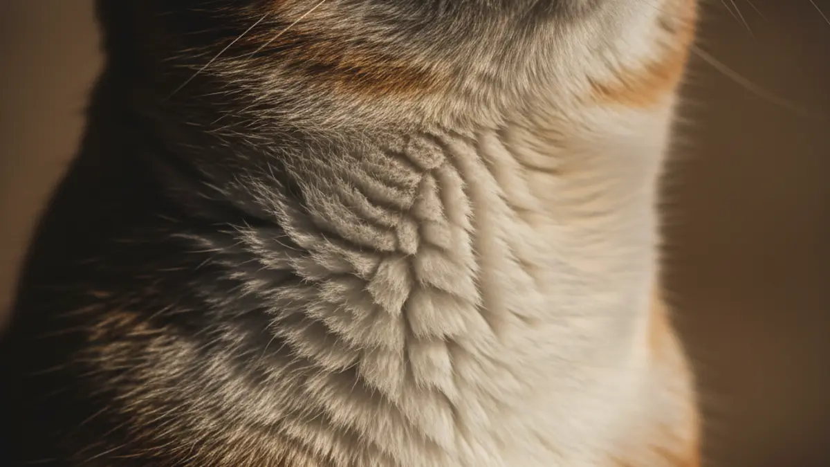 Nahaufnahme des vibrierenden Fells am Hals einer schnurrenden Katze, das die physische Manifestation des Schnurrgeräuschs zeigt.