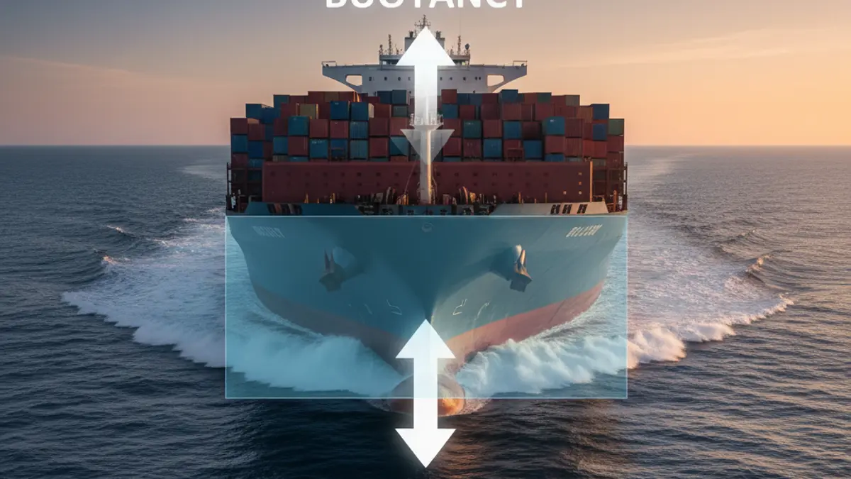 Ein riesiges Containerschiff auf dem Ozean, das durch das Wasser pflügt und die Prinzipien von Auftrieb und Verdrängung illustriert.