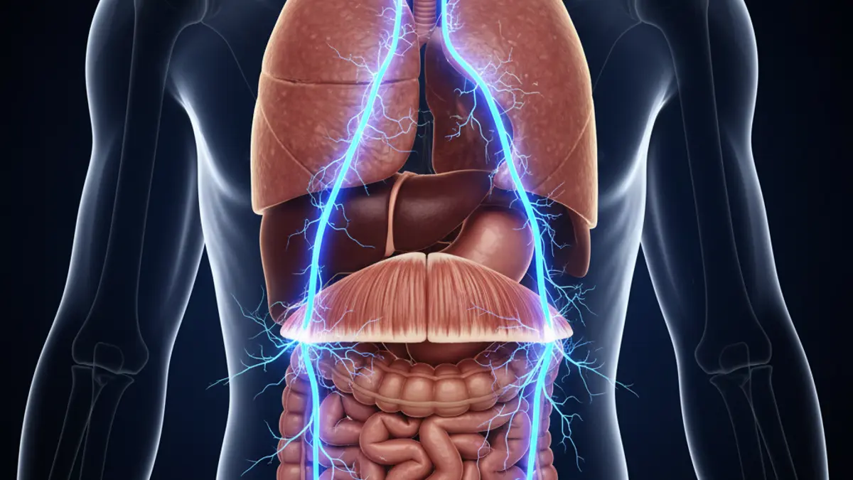 Wissenschaftliche Illustration des menschlichen Zwerchfells und des Nervensystems, die den Mechanismus von Schluckauf erklärt.