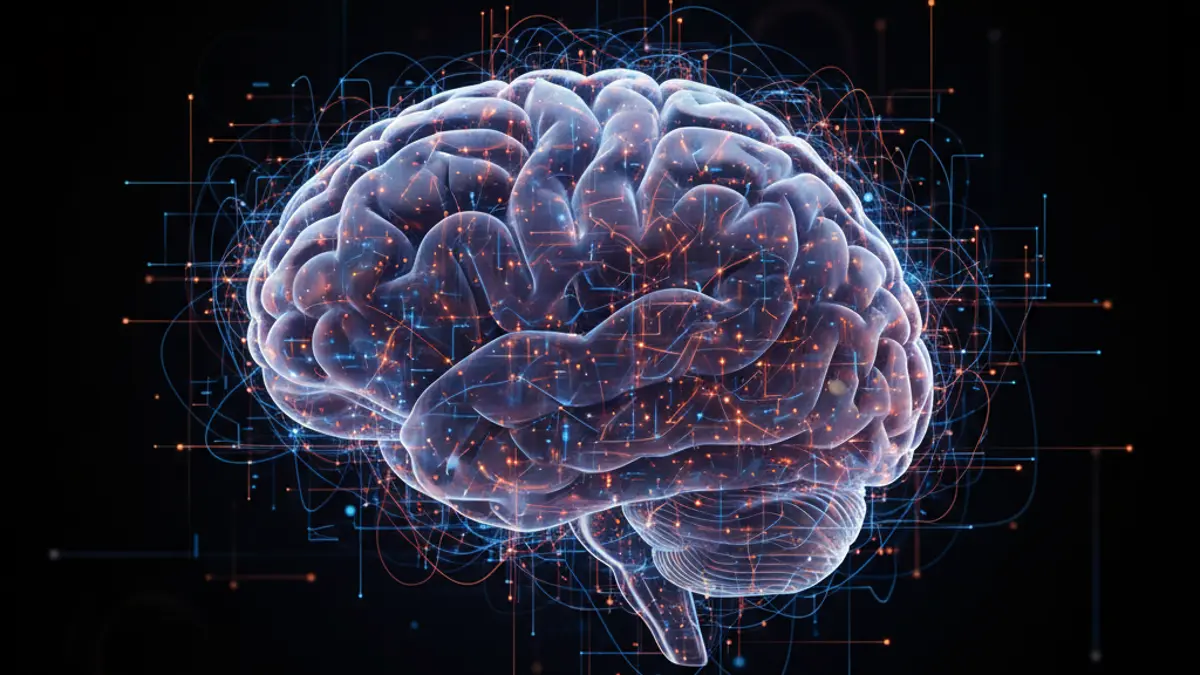 Eine wissenschaftliche Illustration, die die Verschmelzung eines leuchtenden, digitalen neuronalen Netzes mit einem menschlichen Gehirn zeigt.