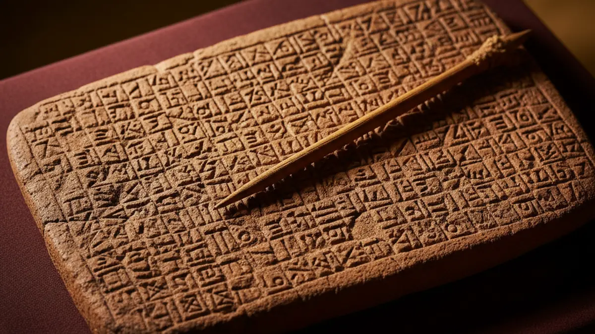 Nahaufnahme einer sumerischen Tontafel mit Keilschrift, auf der ein Griffel liegt und die tiefen, keilförmigen Abdrücke im Ton zeigt.