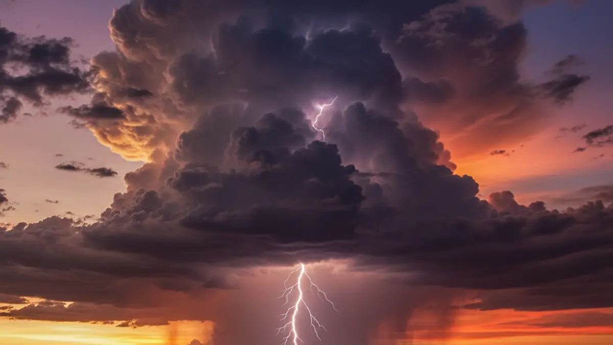 Eine gewaltige, turmhohe Gewitterwolke (Cumulonimbus) mit Ambossform vor einem Sonnenuntergang, aus der ein heller Blitz zum Boden zuckt.