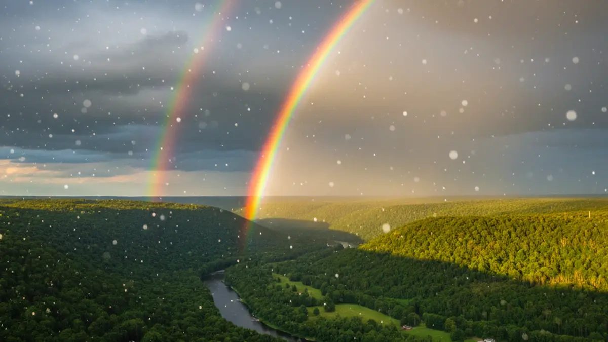 Ein leuchtender doppelter Regenbogen spannt sich über ein grünes Tal unter einem dramatischen Himmel, in dem Sonnenlicht durch Regenwolken bricht.