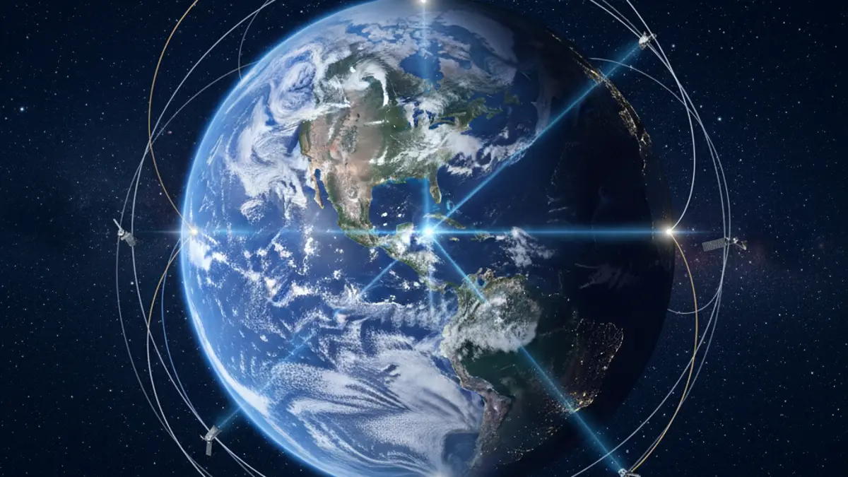 Illustration der Erde aus dem Weltraum, umgeben von den Umlaufbahnen von Navigationssatelliten, die Signale zur Erdoberfläche senden.