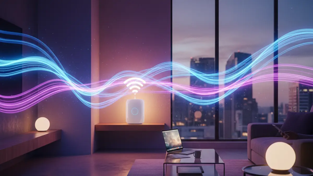 Ein moderner WLAN-Router, von dem aus leuchtende, stilisierte Funkwellen zu einem Laptop und Smartphone ausgehen.