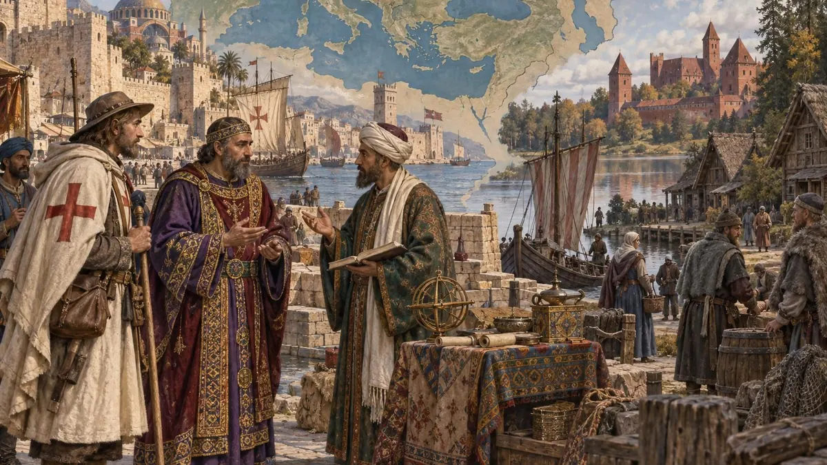 Historische Illustration zu Kreuzzügen mit Hafen im östlichen Mittelmeer, Gesandten und einer Siedlung im Baltikum