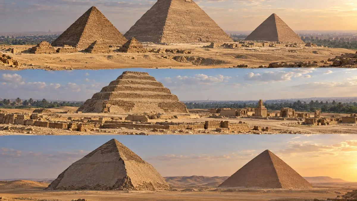 Illustration der Pyramiden von Gizeh, der Stufenpyramide in Sakkara und zweier Pyramiden in Dahschur