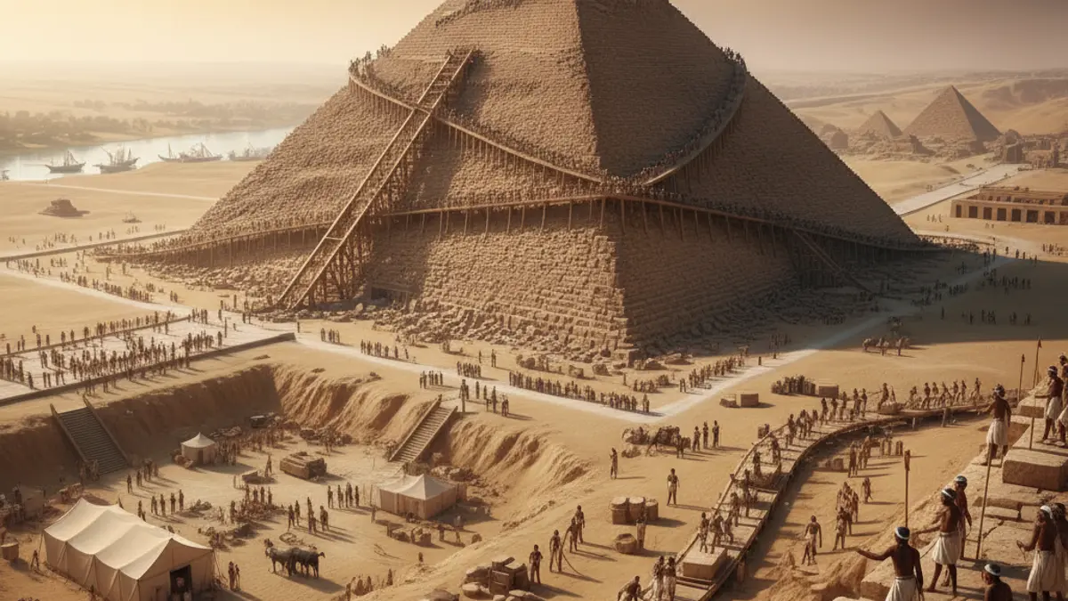 Eine realistische Darstellung des Baus der Pyramiden von Gizeh, die zeigt, wie zahlreiche Arbeiter riesige Steinblöcke über ein Rampensystem transportieren.