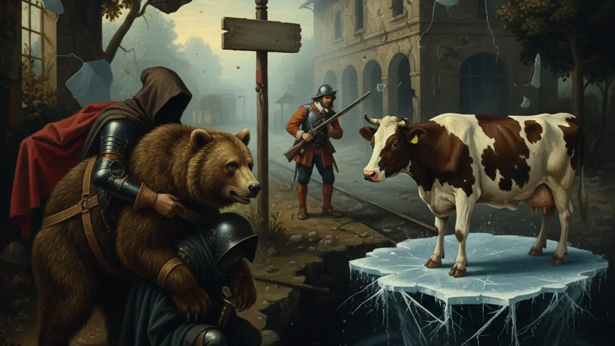 Eine surreale Darstellung verschiedener Redewendungen, darunter eine Kuh auf einer Eisscholle und ein aufgebundener Bär, in einem historisch anmutenden Stil.