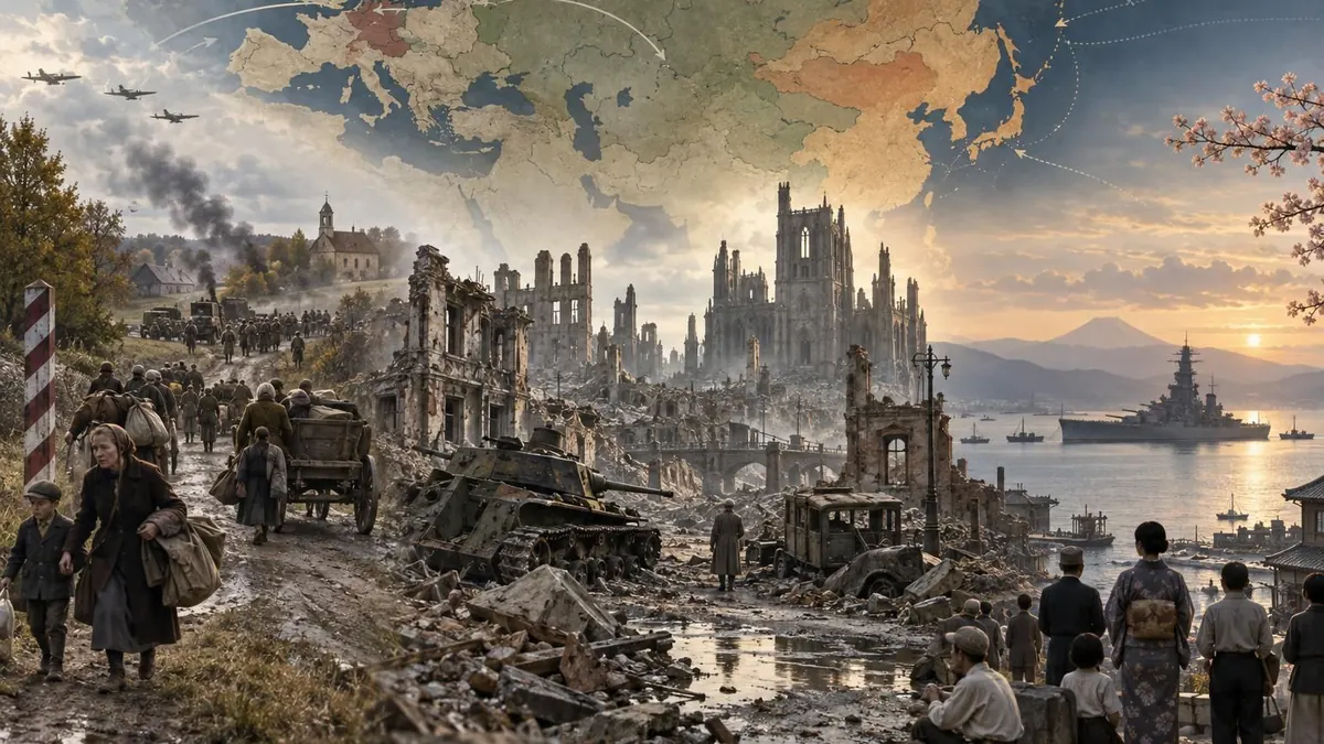 Historische Illustration zu Kriegsbeginn in Polen und Kriegsende 1945 in Europa und der Bucht von Tokio.